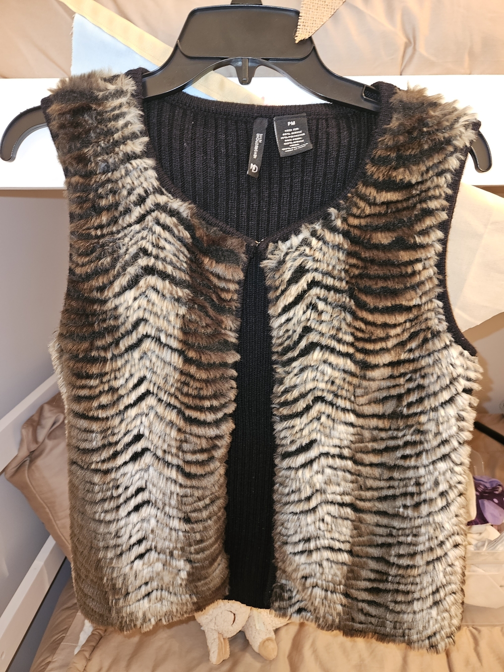 new directions - Black Knit Vest with Faux Fur Mottled Black, Brown & Gray Trim